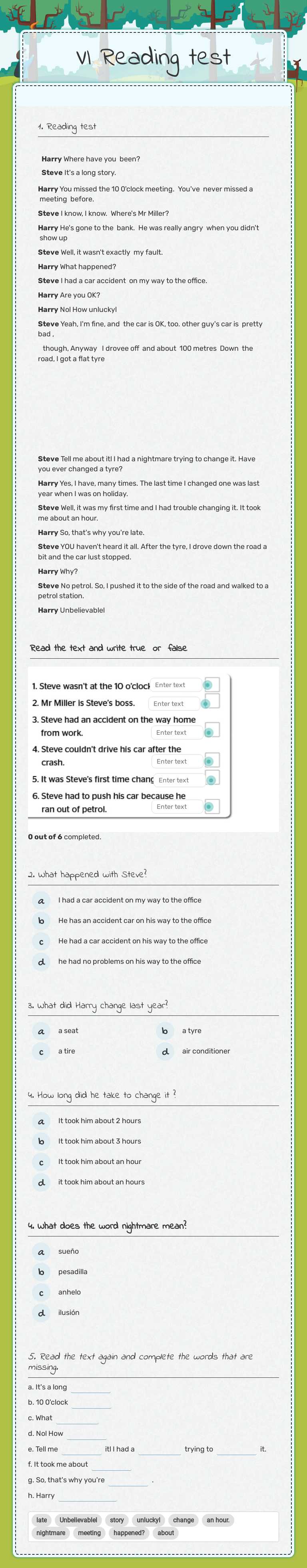 VI Reading test worksheet preview image