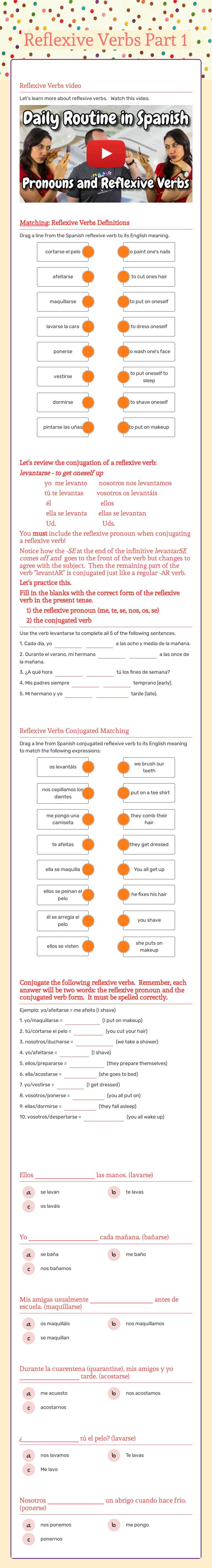 Reflexive Verbs Part 1 worksheet preview image
