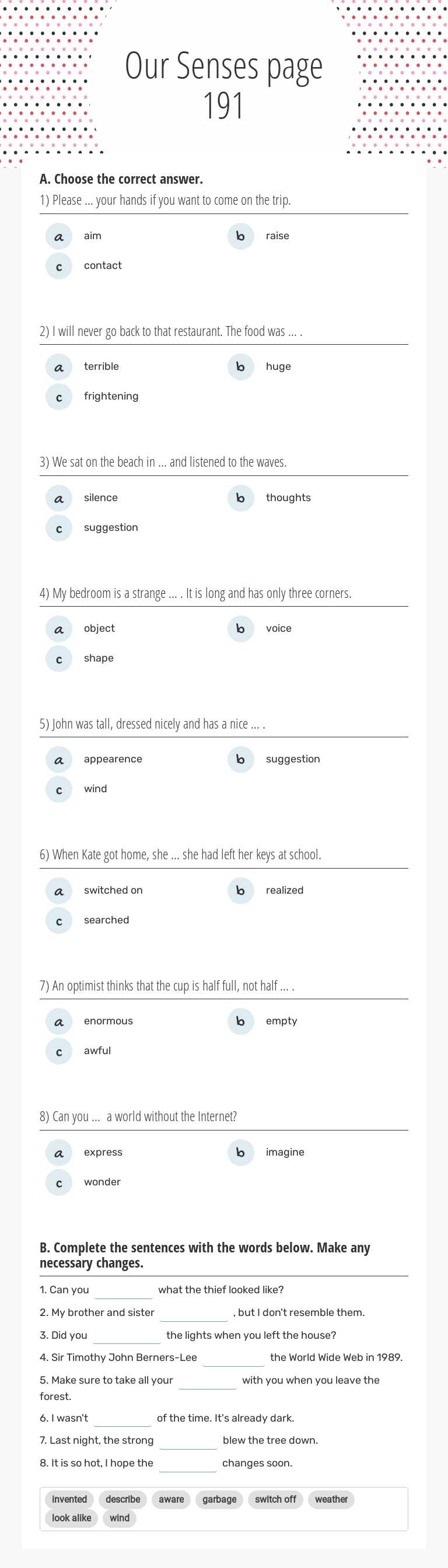Our Senses
page 191 Grade 10 worksheet preview