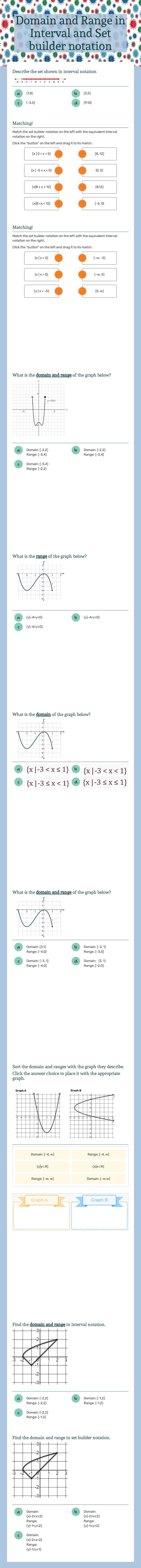 Domain and Range in Interval and Set builder notation worksheet preview image