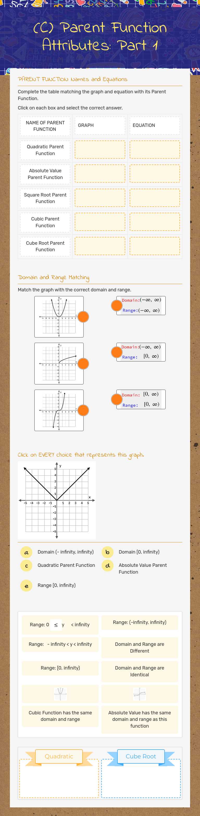 (C) Parent Function Attributes: Part 1 Grade 10 worksheet preview