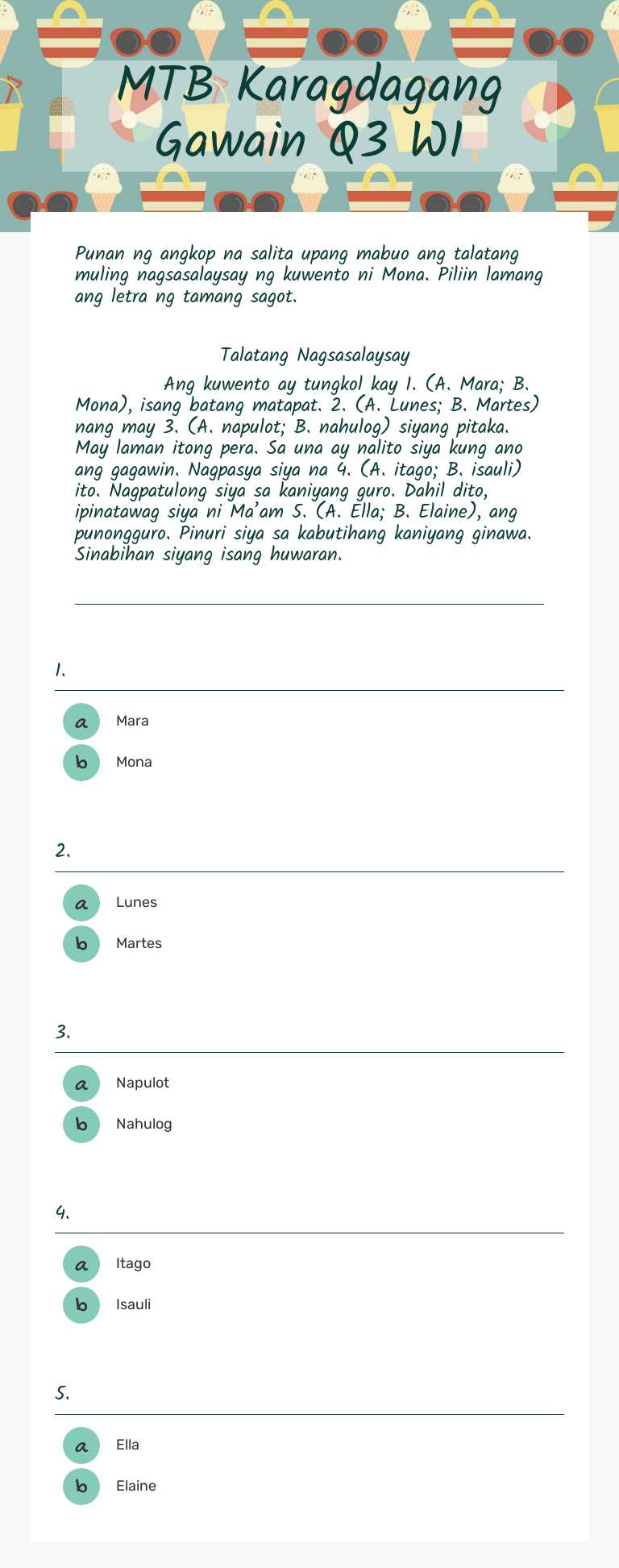 MTB Karagdagang Gawain Q3 W1 worksheet preview image