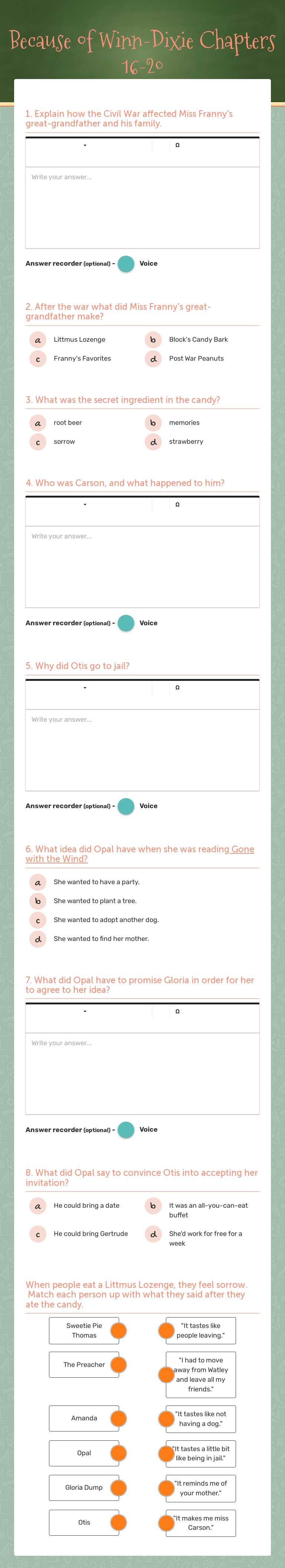 Because of Winn-Dixie Chapters 16-20 worksheet preview image