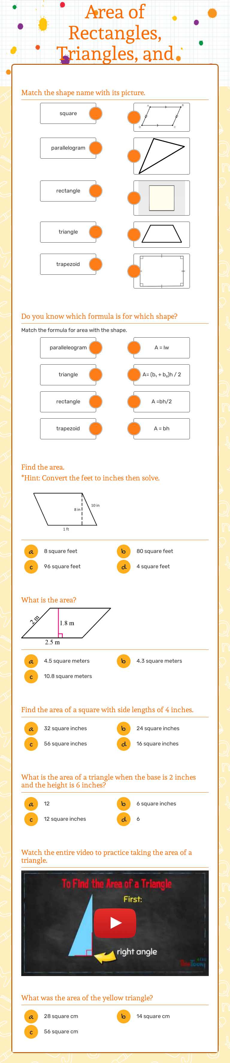 Area of Rectangles, Triangles, and Trapezoid Grade 5 worksheet preview