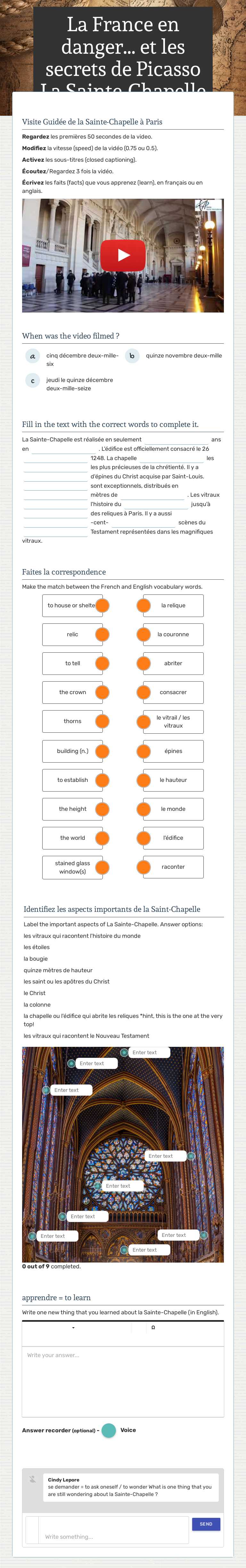 La France en danger... et les secrets de Picasso La Sainte-Chapelle worksheet preview image