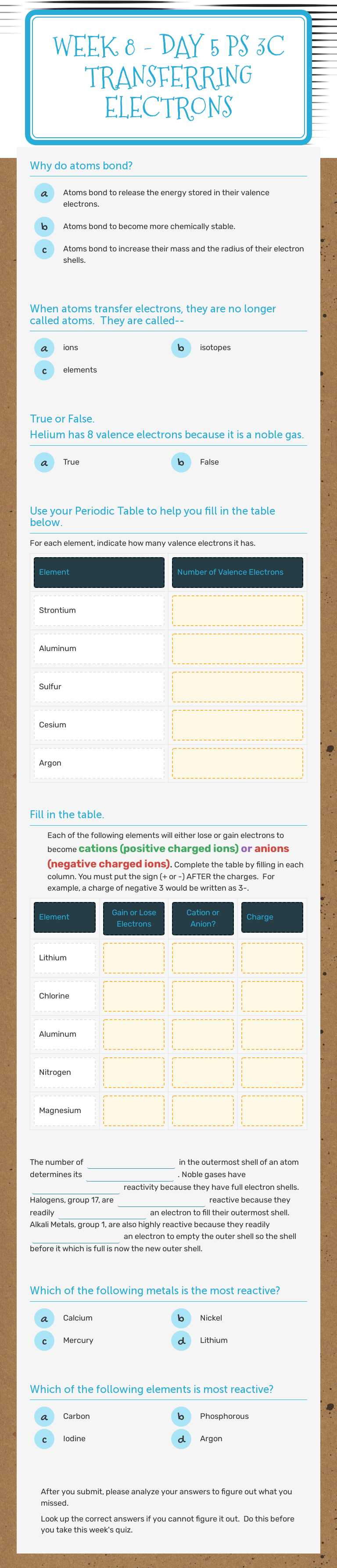 Week 8 - Day 5    PS 3c    TRANSFERRING electrons worksheet preview image