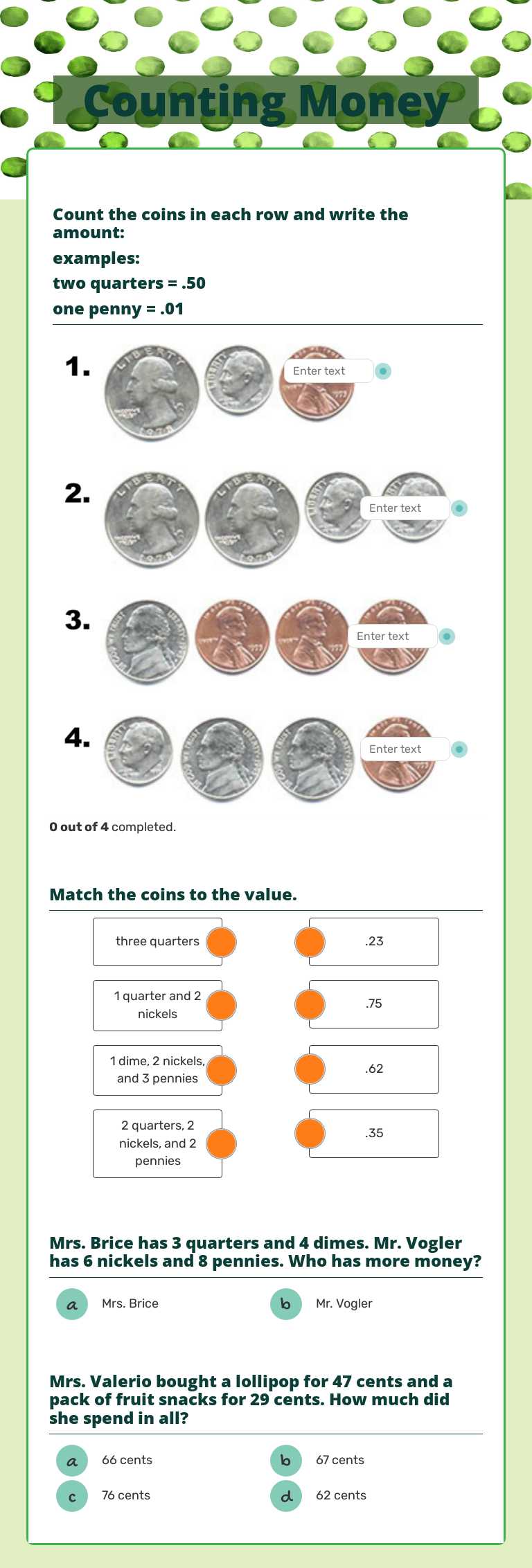 Counting Money worksheet preview image