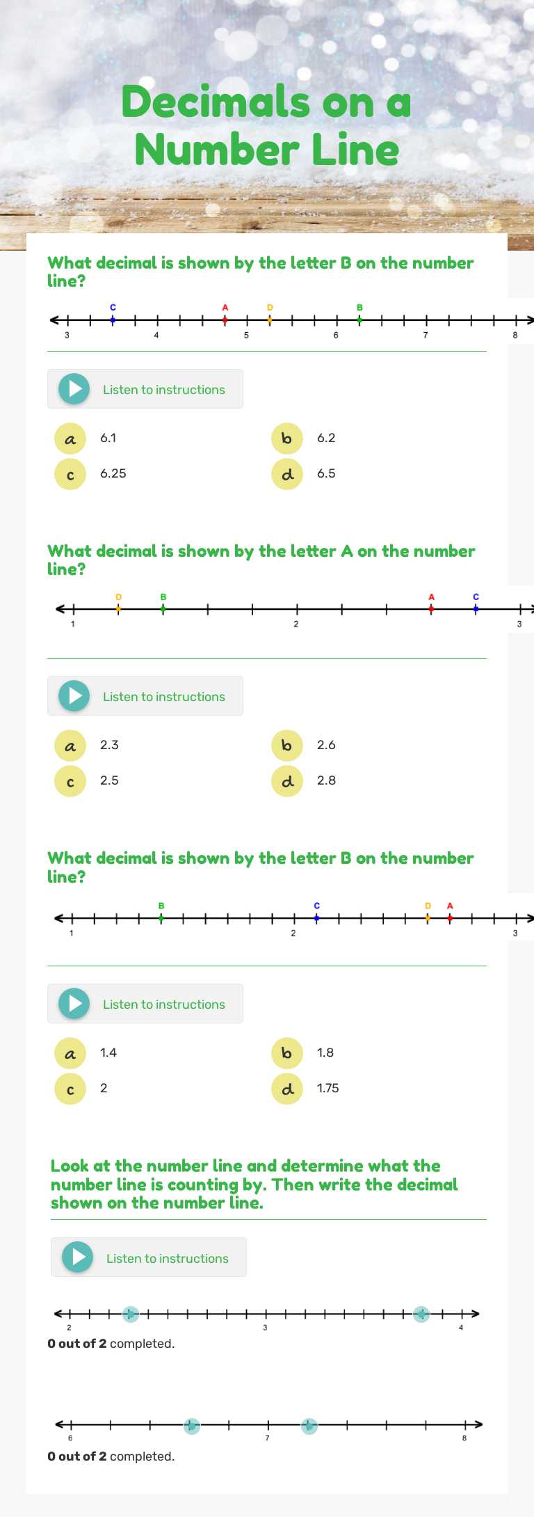 Decimals on a Number Line Grade 5 worksheet preview