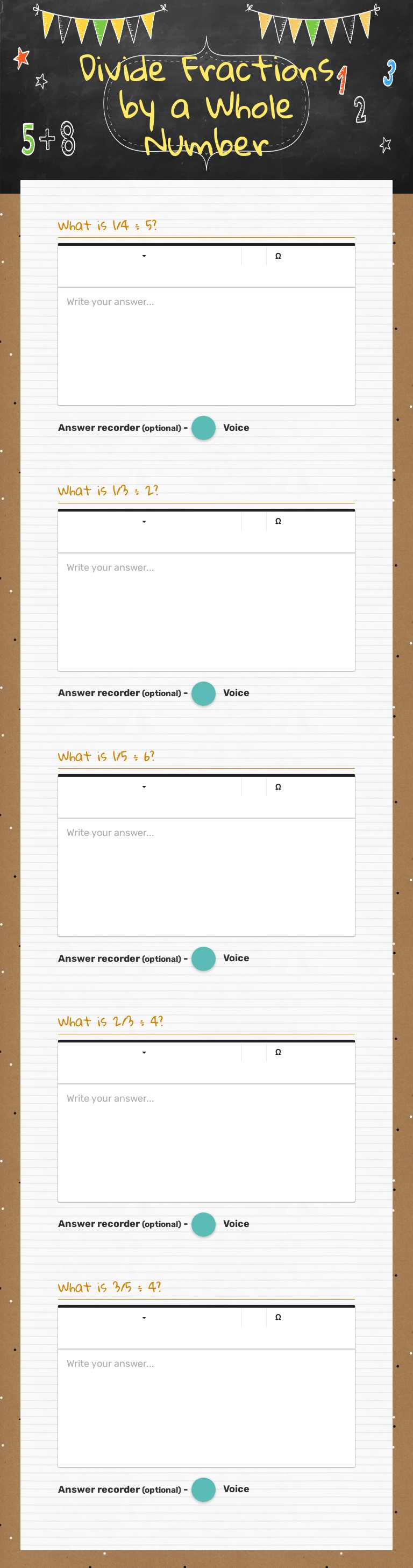 Divide Fractions by a Whole Number worksheet preview image
