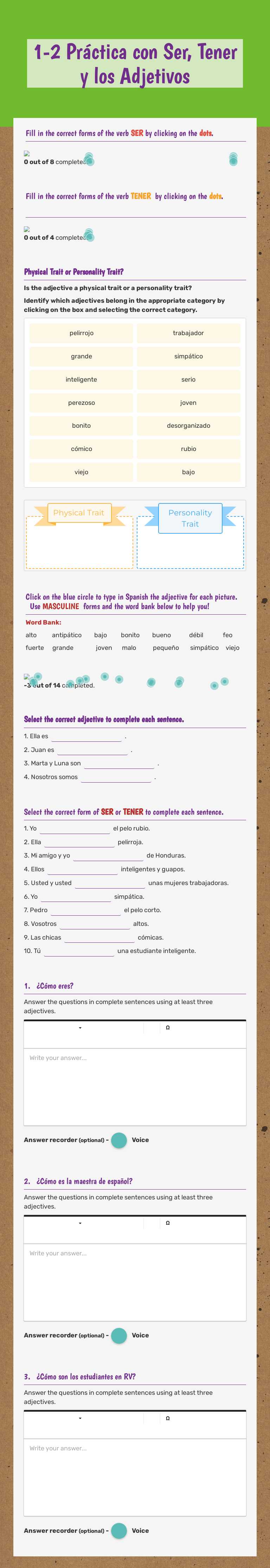 1-2 Práctica con Ser, Tener   
y los Adjetivos worksheet preview image