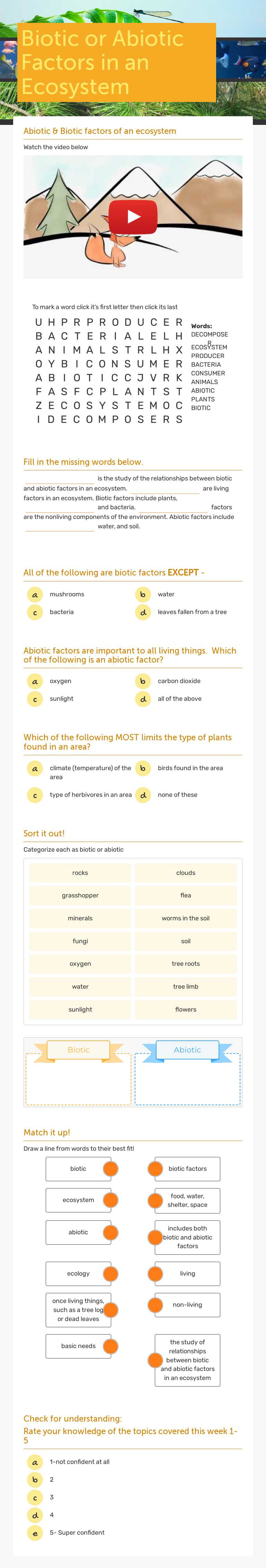 Biotic or Abiotic Factors in an Ecosystem Grade 6 worksheet preview