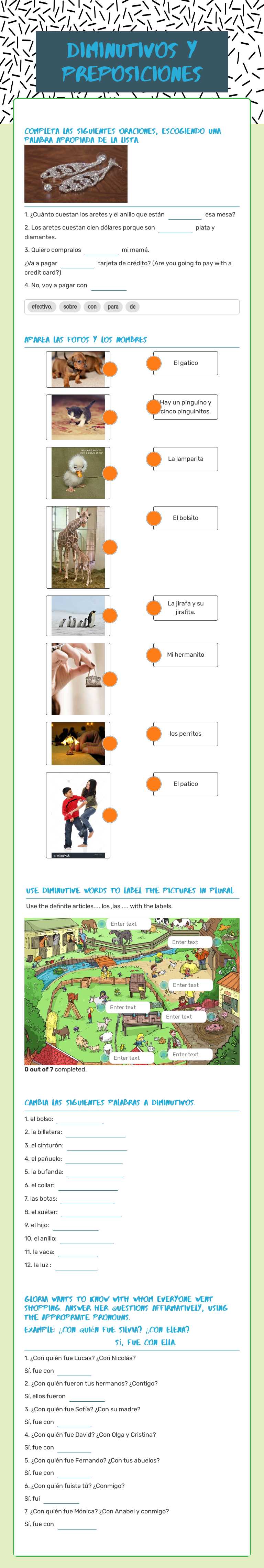 Diminutivos y preposiciones worksheet preview image