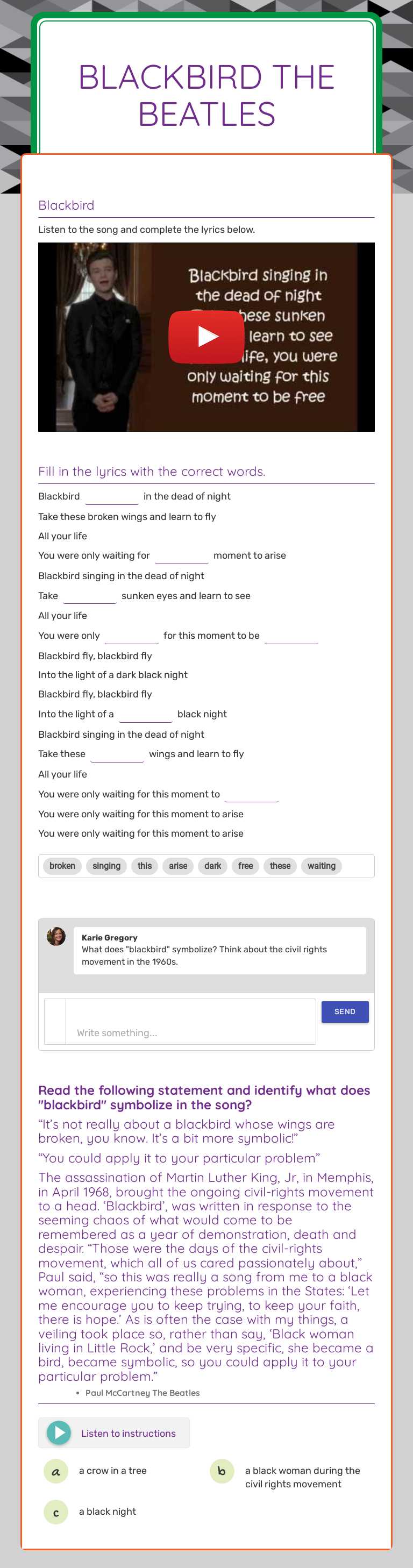 Blackbird
the beatles worksheet preview image