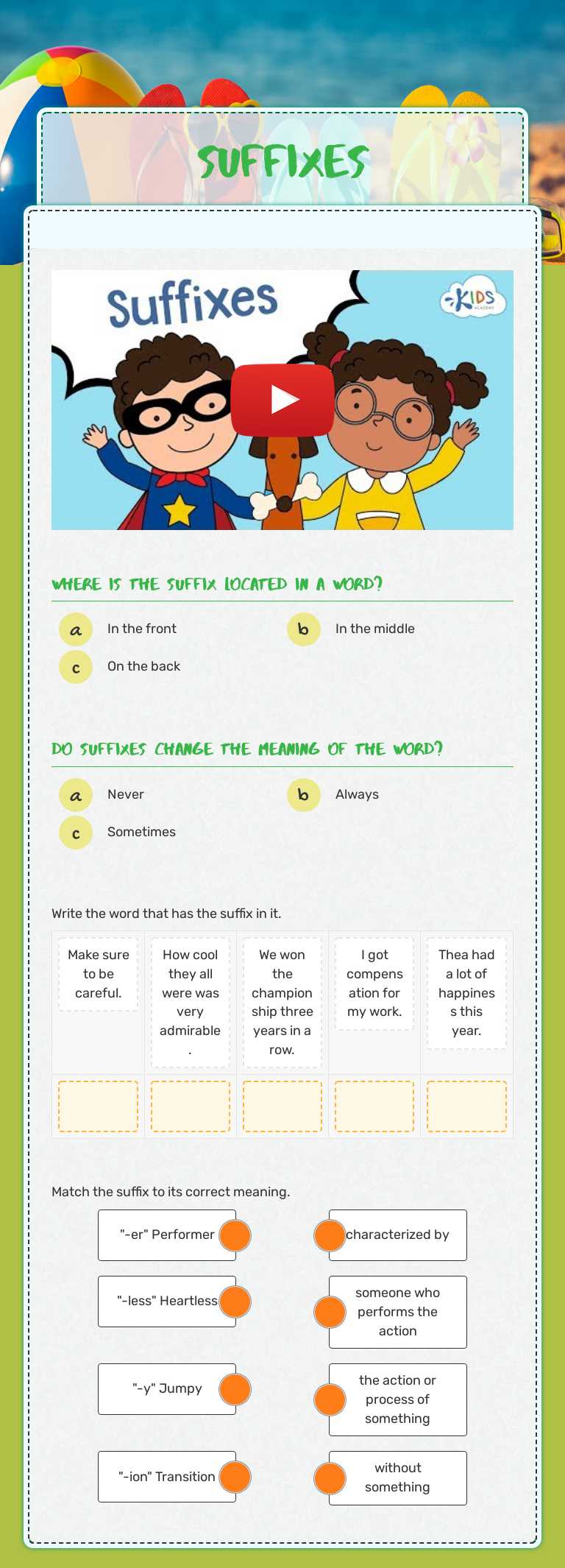 Suffixes worksheet preview image