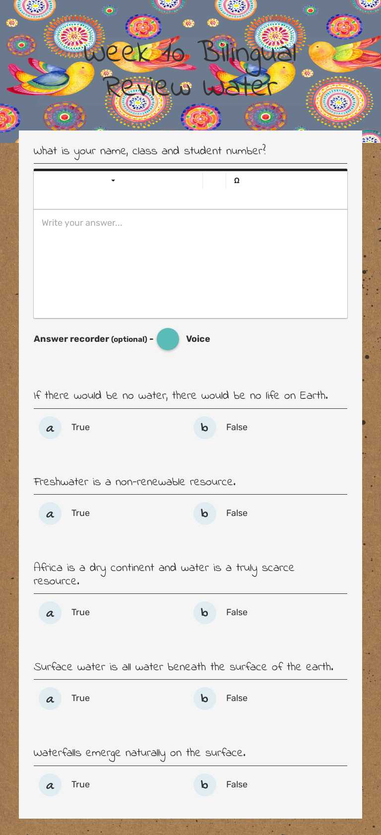 Week 10 Bilingual Review Water worksheet preview image