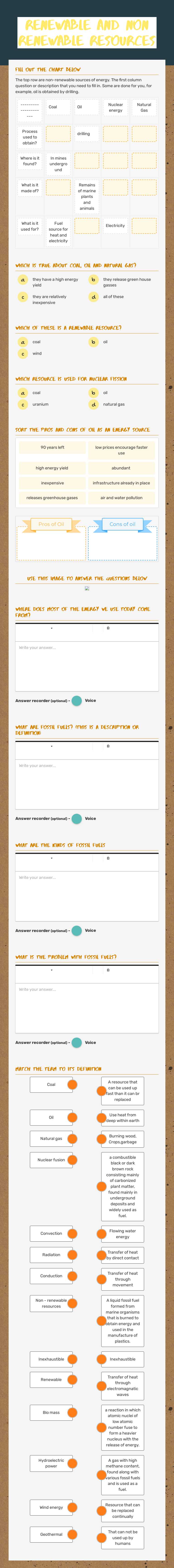 Renewable and NON Renewable Resources worksheet preview image