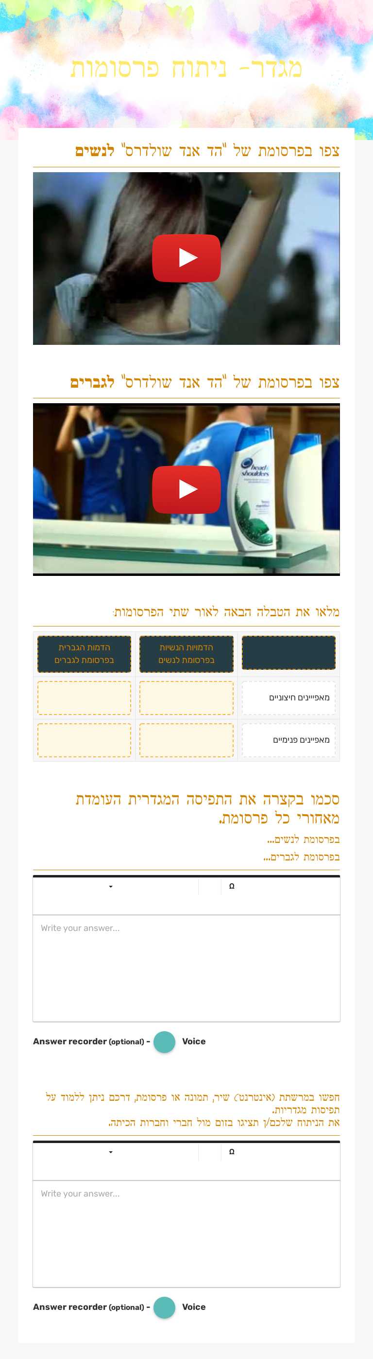 מגדר- ניתוח פרסומות worksheet preview image