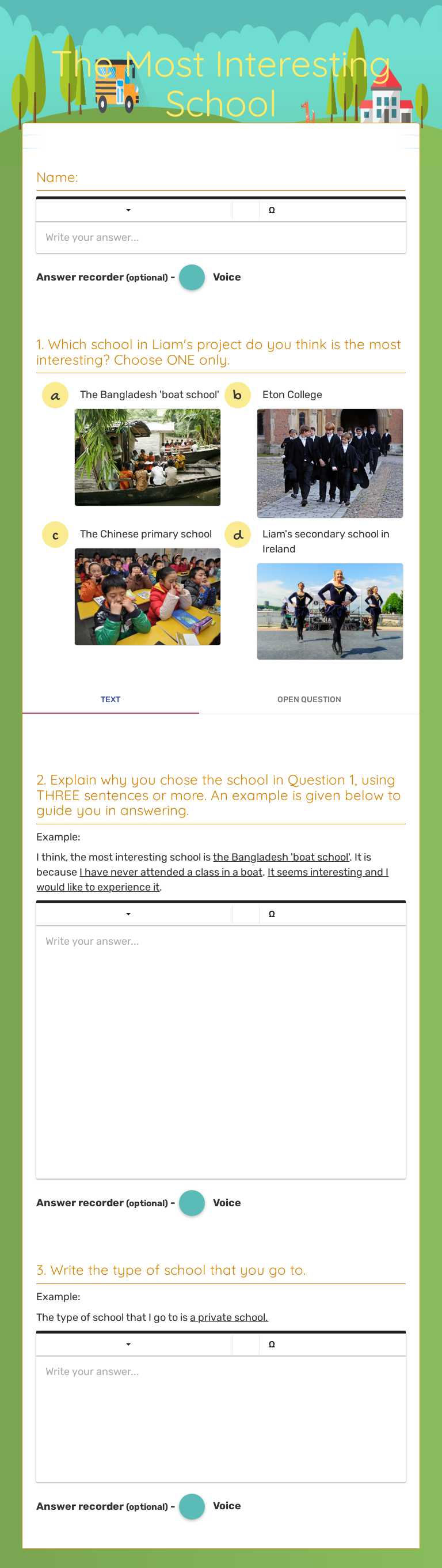 The Most Interesting School worksheet preview image