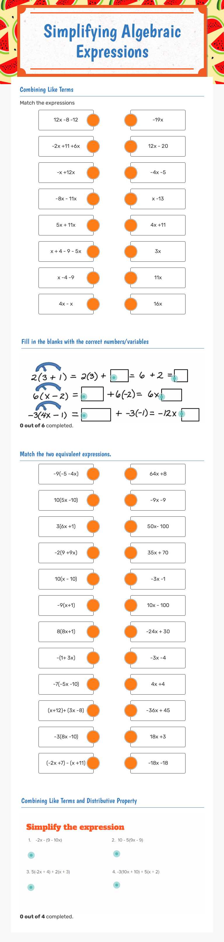 Simplifying Algebraic Expressions worksheet preview image