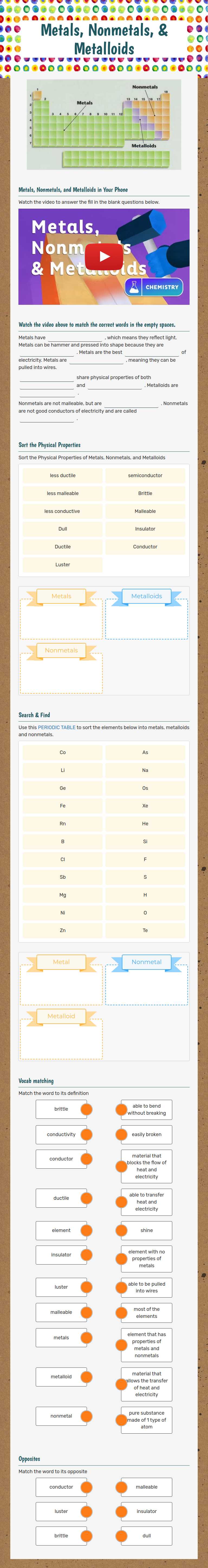 Metals, Nonmetals, & Metalloids worksheet preview image