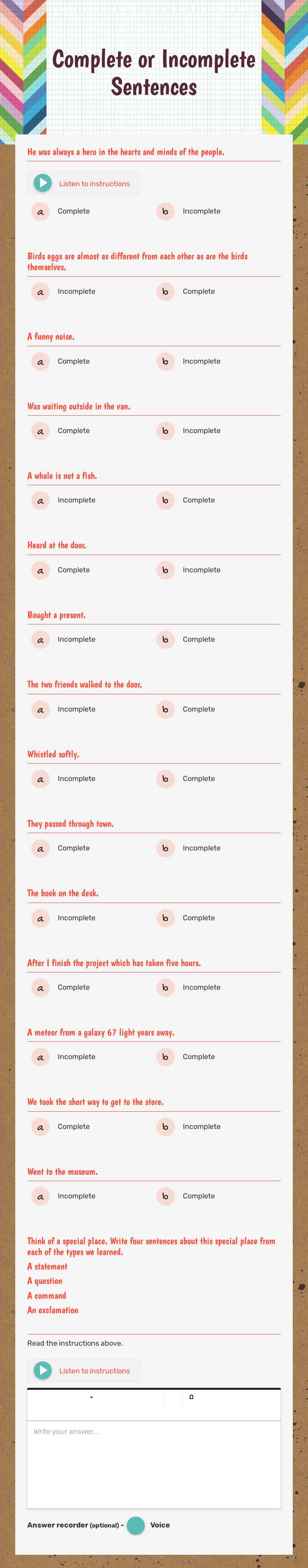 Complete or Incomplete Sentences worksheet preview image