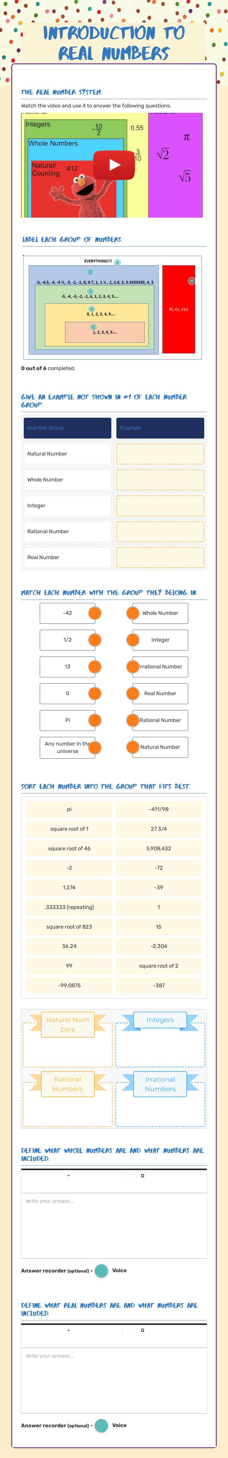 Introduction to   
real numbers worksheet preview