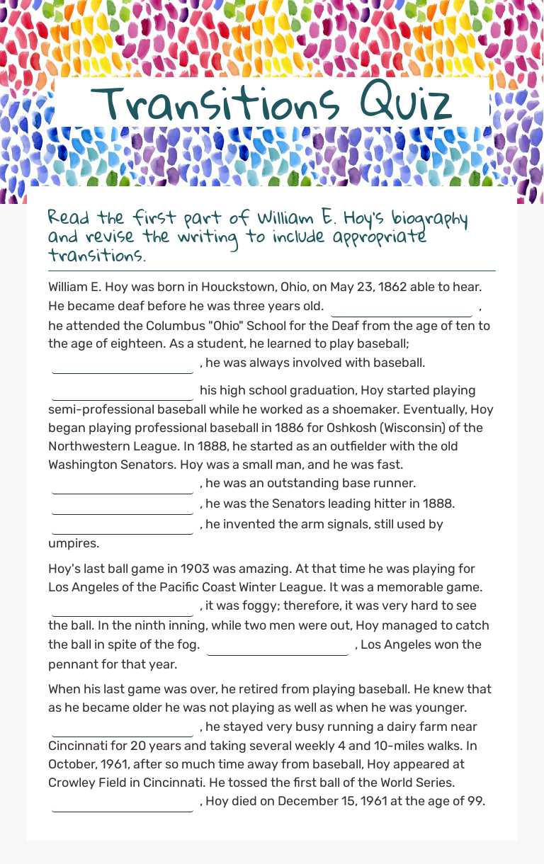 Transitions Quiz worksheet preview image