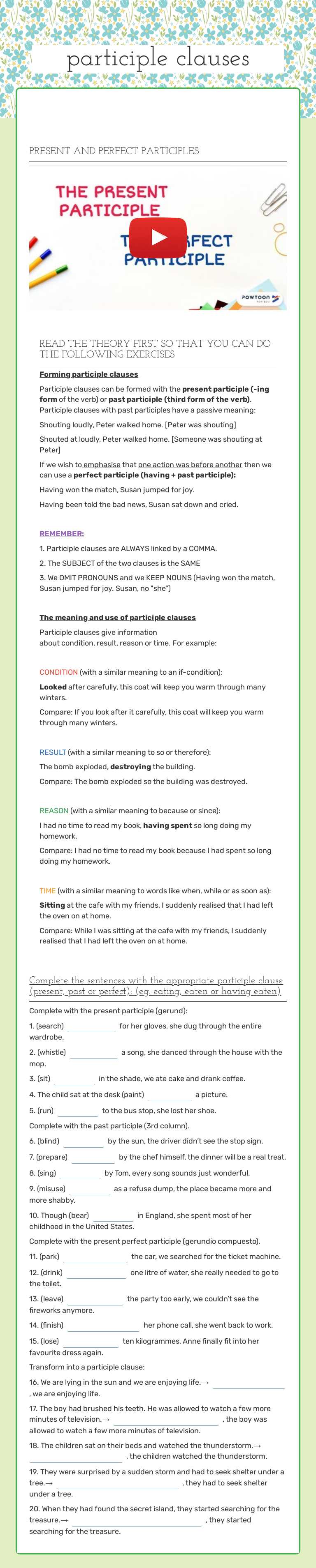 participle clauses worksheet preview image