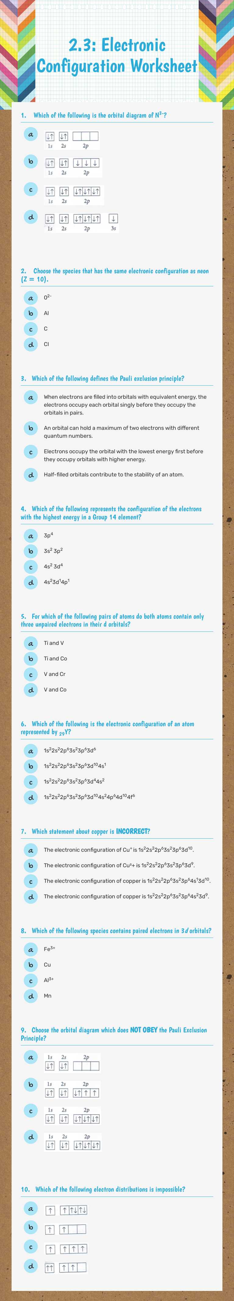 2.3: Electronic Configuration Worksheet worksheet preview image