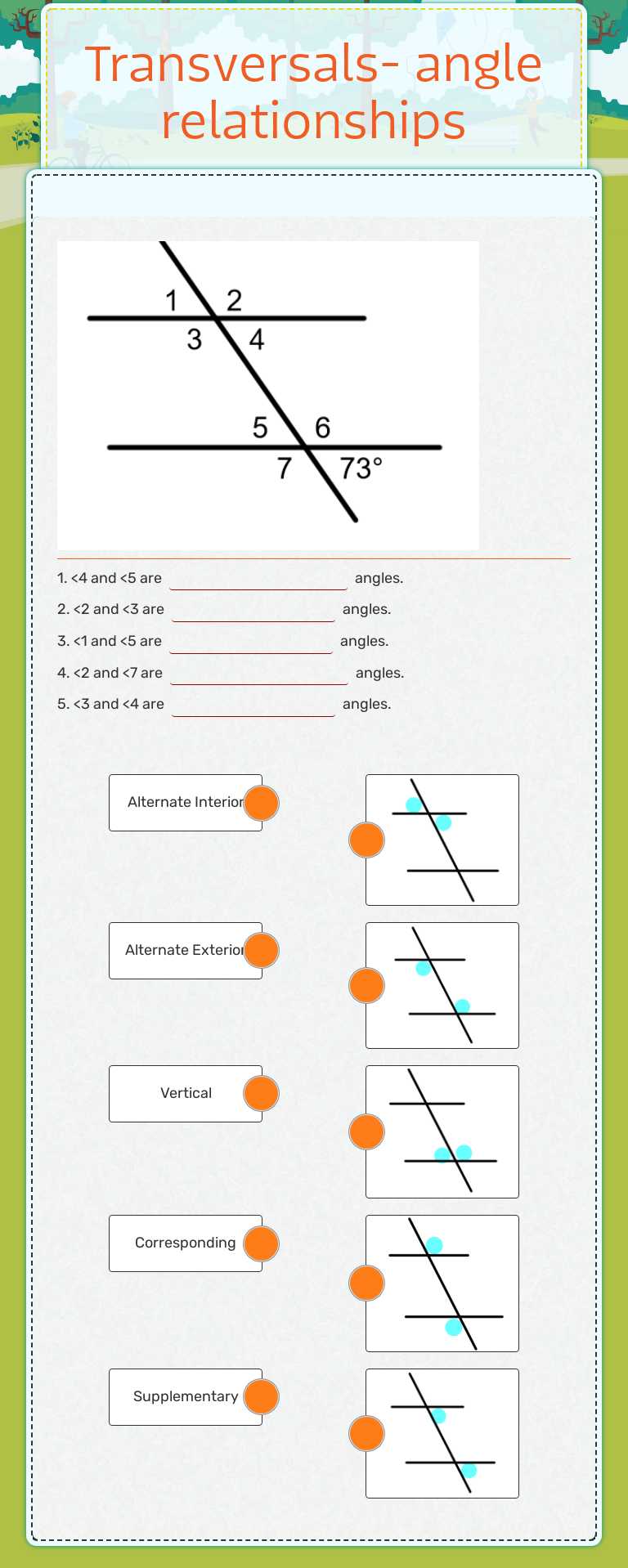 Transversals- angle relationships worksheet preview image