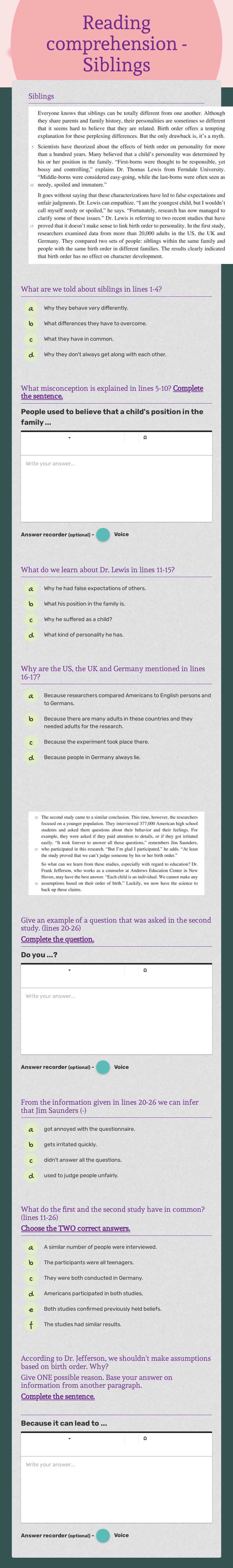 Reading comprehension - Siblings worksheet preview image