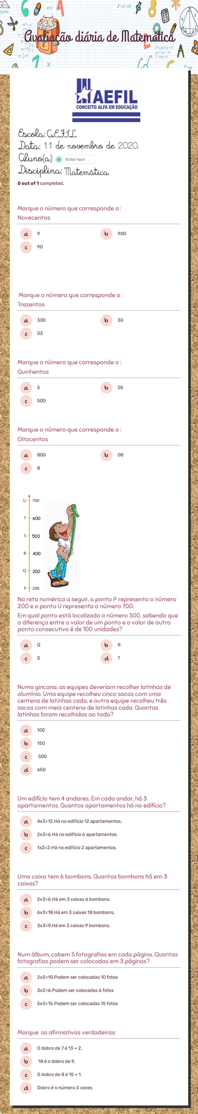 Avaliação diária de Matemática worksheet preview image