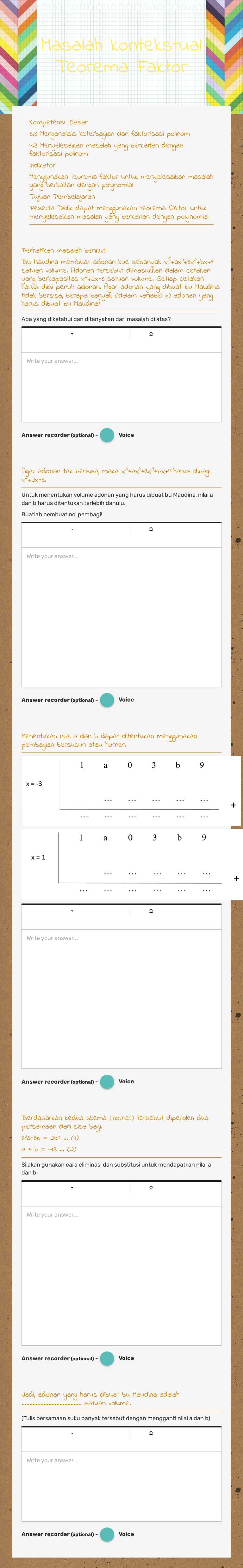 Masalah kontekstual Teorema Faktor worksheet preview image