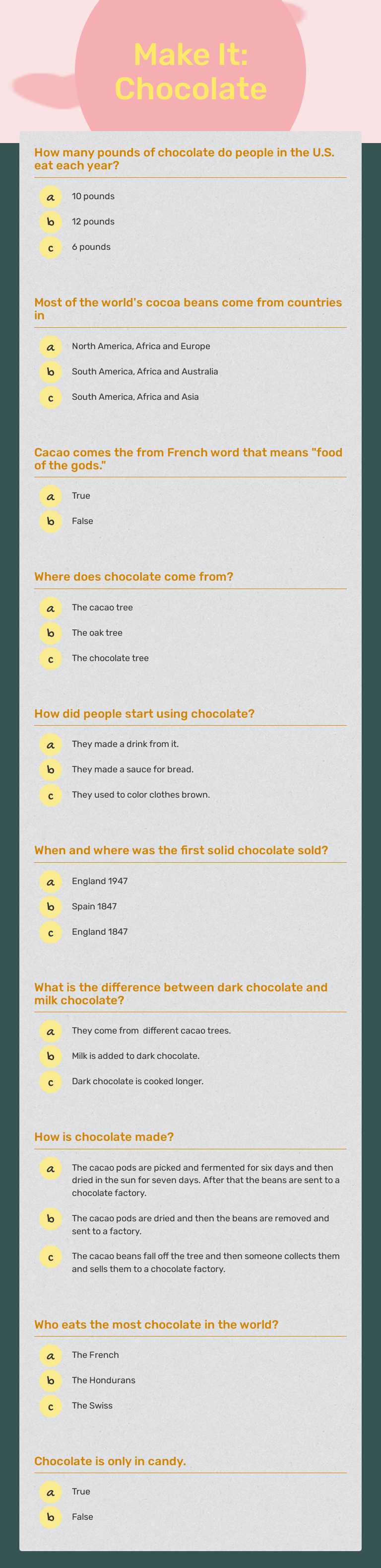 Make It:
Chocolate Grade 9 worksheet preview