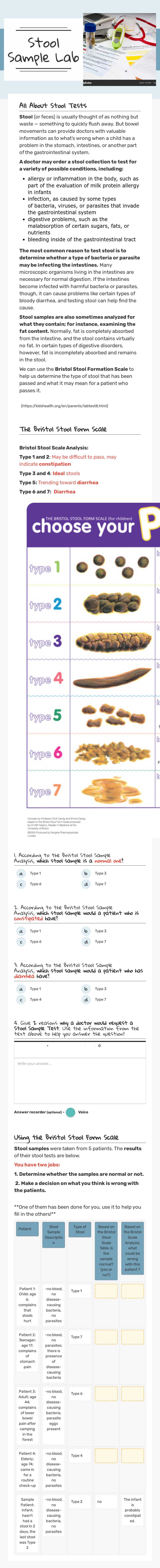 Stool Sample Lab worksheet preview image