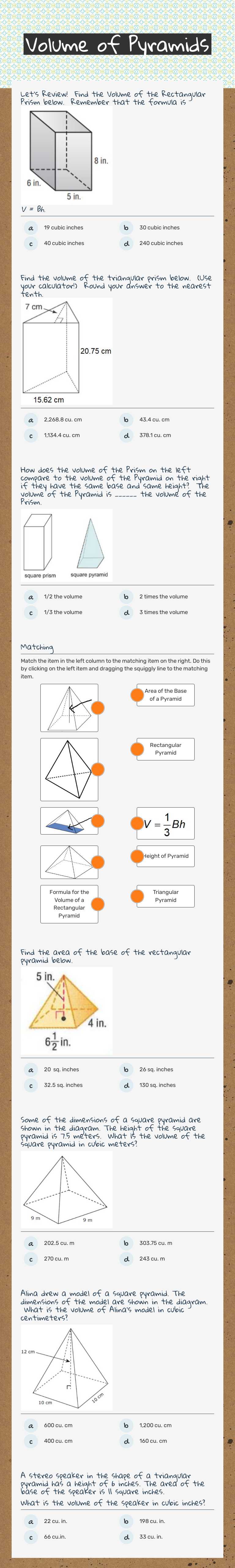 Volume of Pyramids Grade 7 worksheet preview