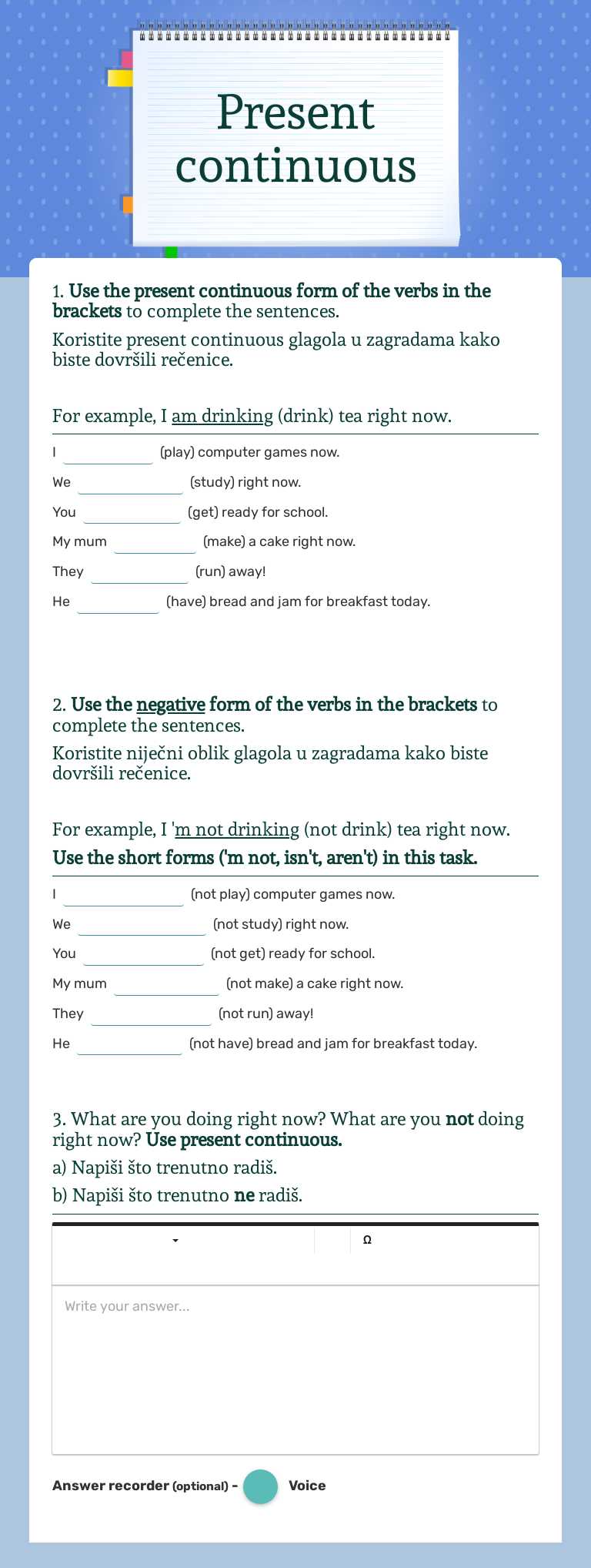 Present continuous worksheet preview image