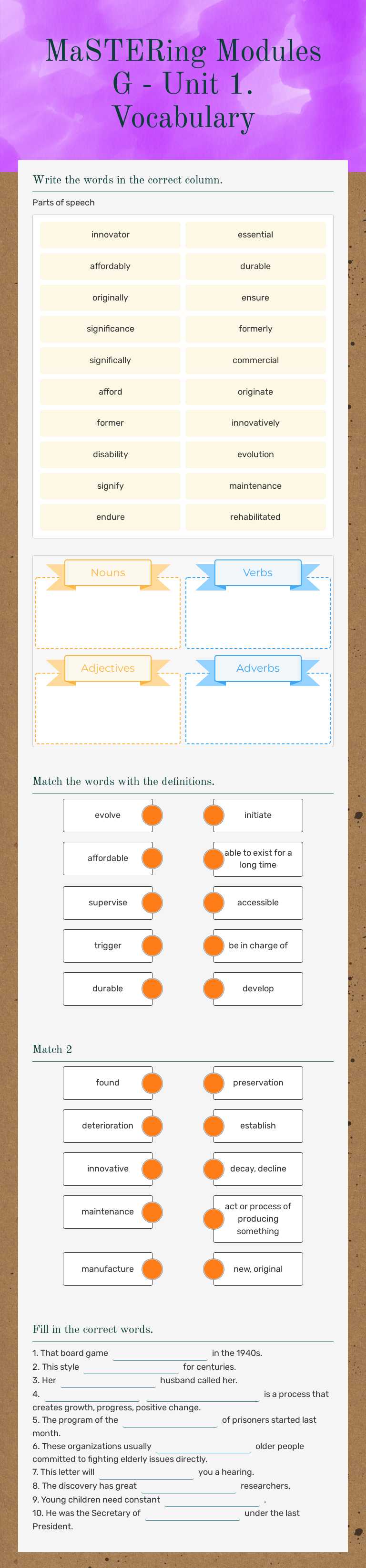 MaSTERing Modules G - Unit 1. Vocabulary Grade 12 worksheet preview