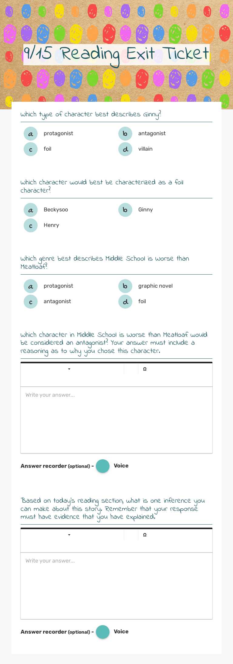 9/15 Reading Exit Ticket worksheet preview image