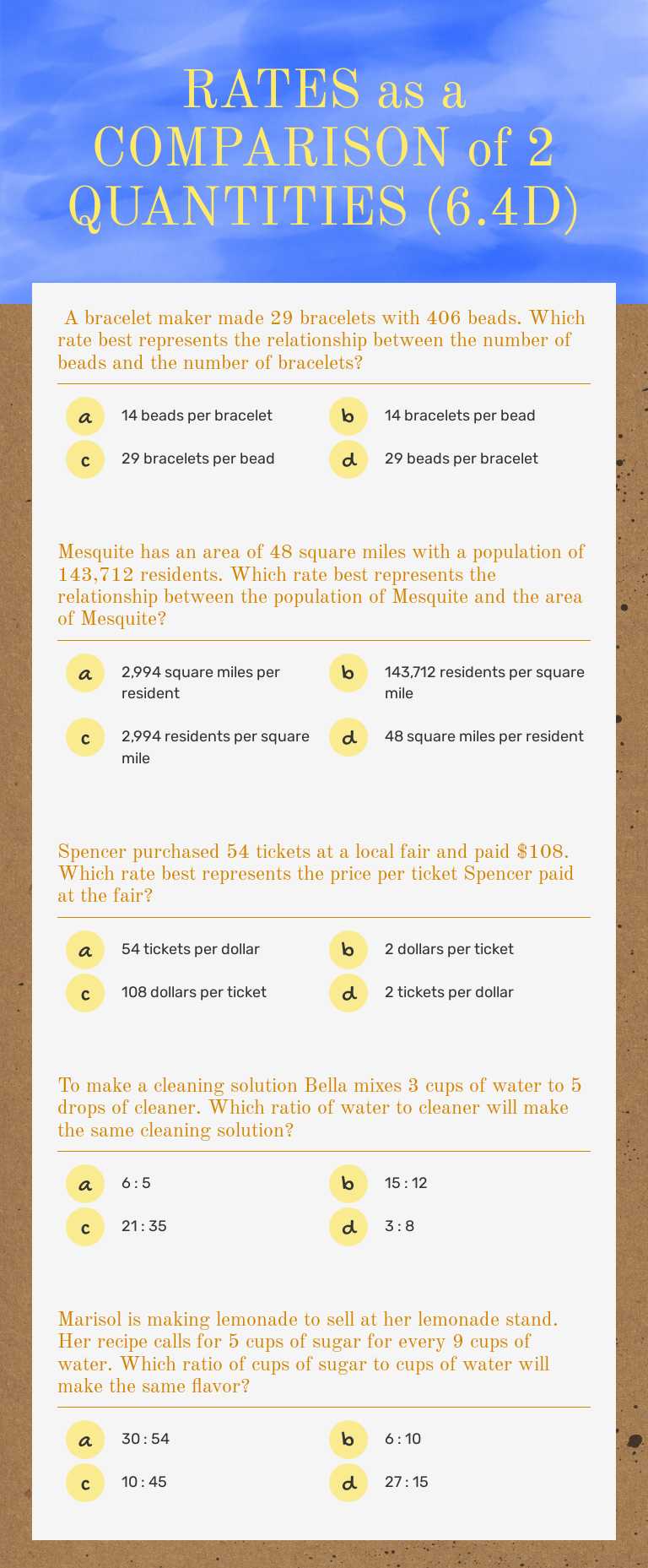 RATES as a COMPARISON of 2 QUANTITIES (6.4D) worksheet preview image