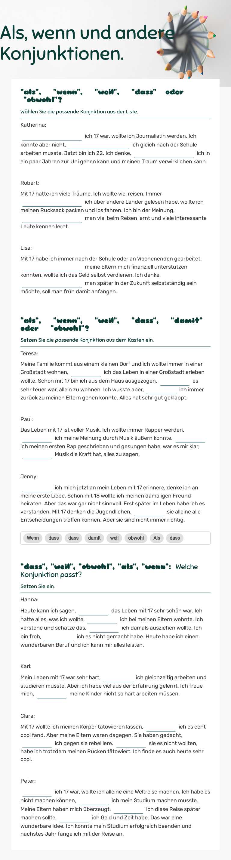 Als, wenn und andere Konjunktionen. worksheet preview image