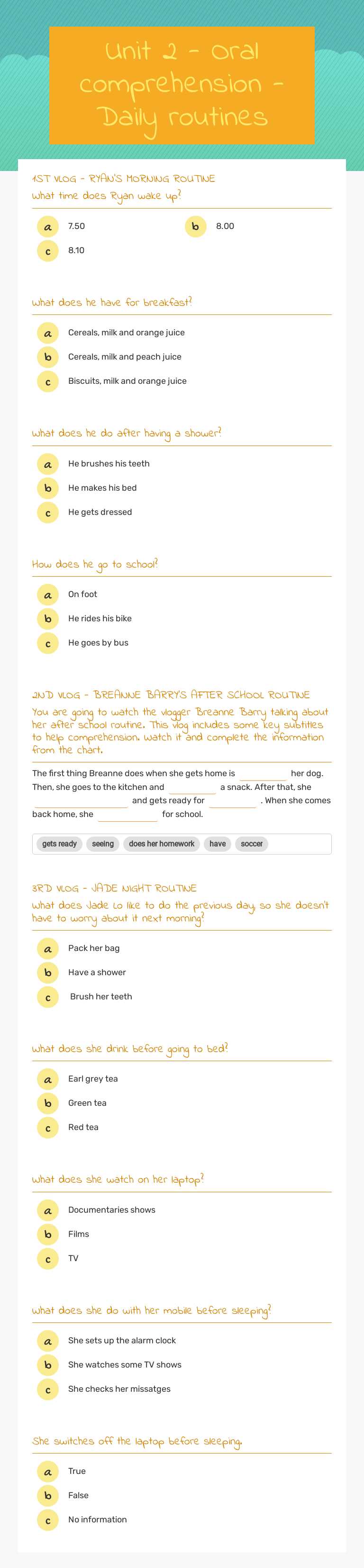 Unit 2 - Oral comprehension - Daily routines worksheet preview image