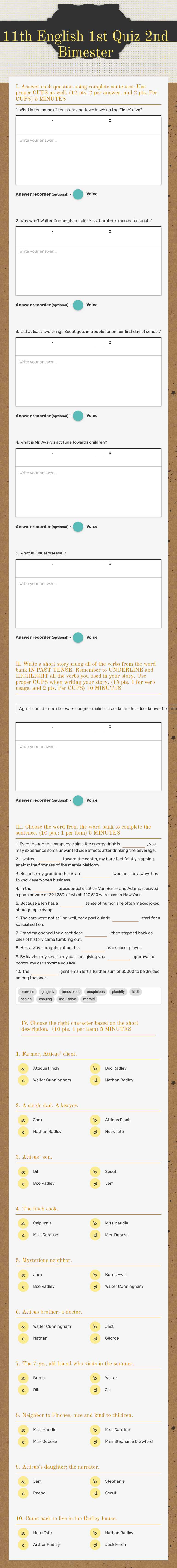 11th  English 1st Quiz 2nd Bimester worksheet preview image