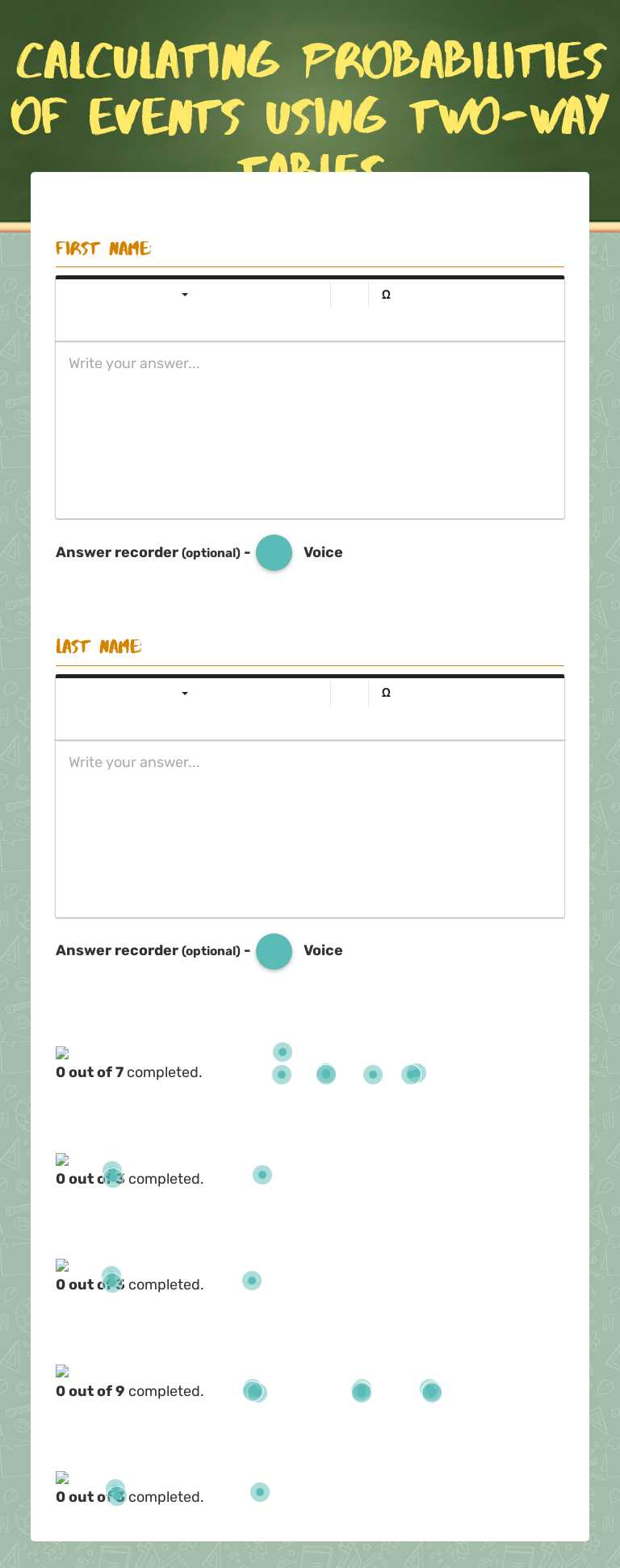 Calculating Probabilities of events using two-way tables worksheet preview image