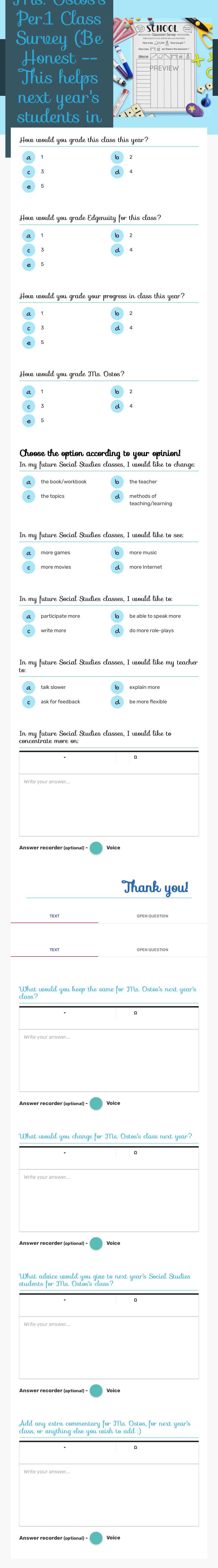 Ms. Ostos's Per.1 Class Survey (Be Honest -- This helps next year's students in my class :)) worksheet preview image