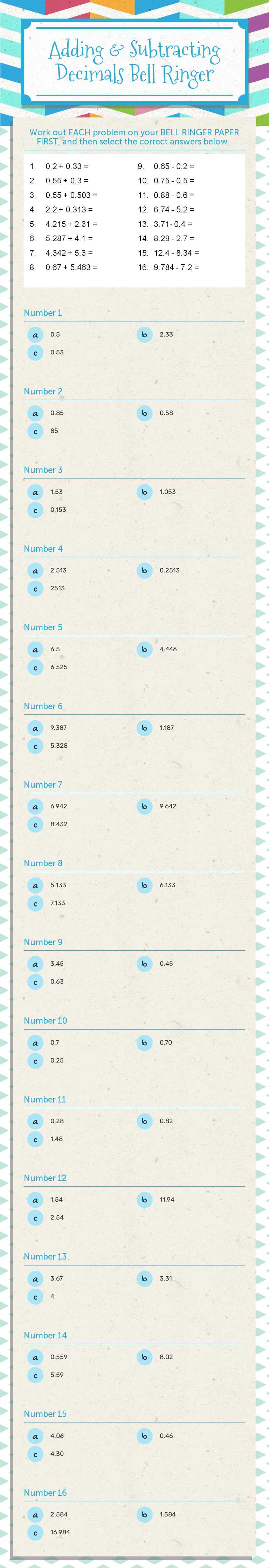 Adding & Subtracting Decimals Bell Ringer worksheet preview image