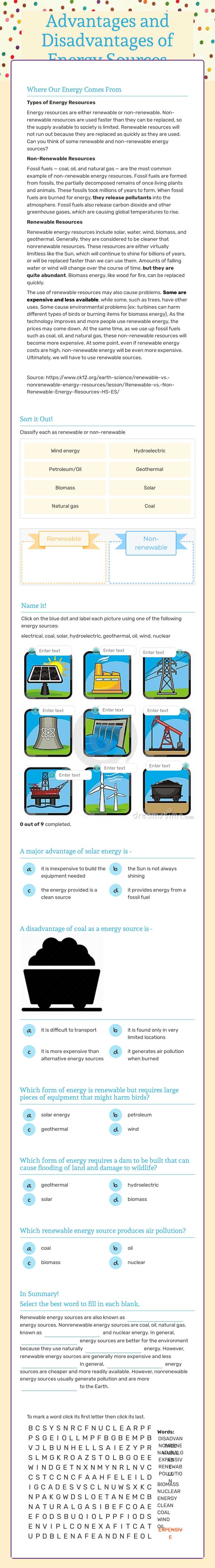 Advantages and Disadvantages of Energy Sources worksheet preview image