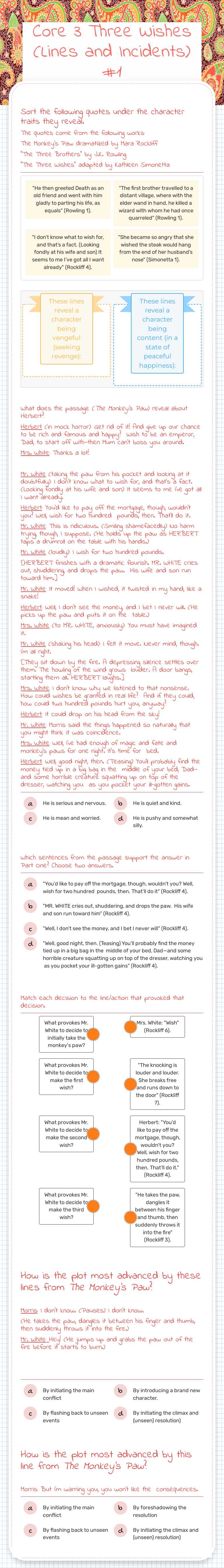 Core 3 Three Wishes (Lines and Incidents) #1 Grade 8 worksheet preview