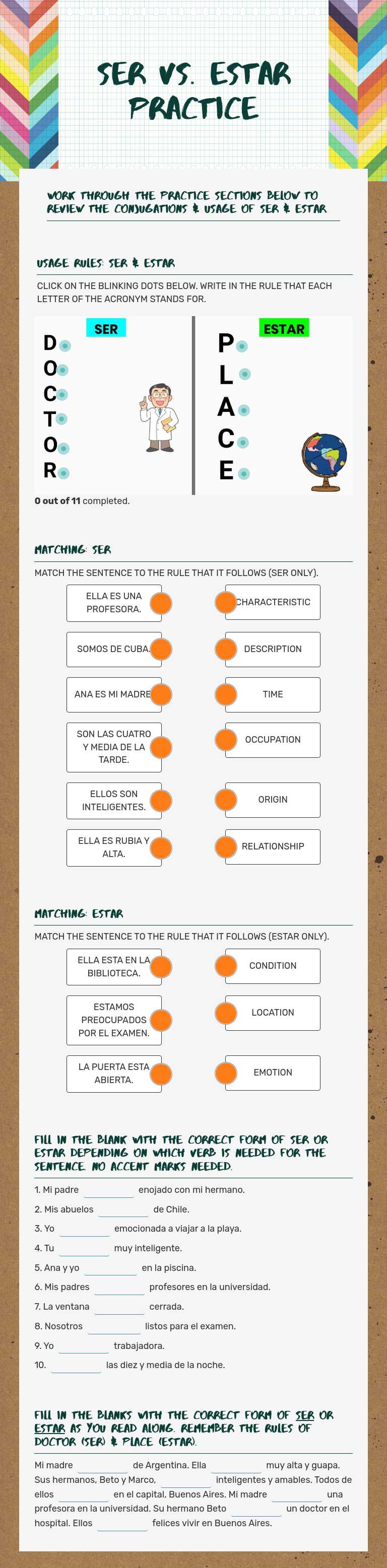 Ser vs. Estar Practice worksheet preview image