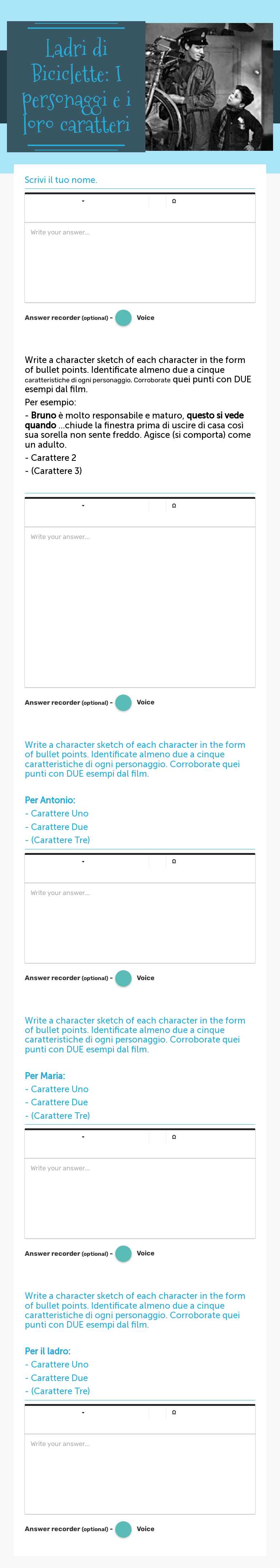 Ladri di Biciclette: I personaggi e i loro caratteri Grade 12 worksheet preview